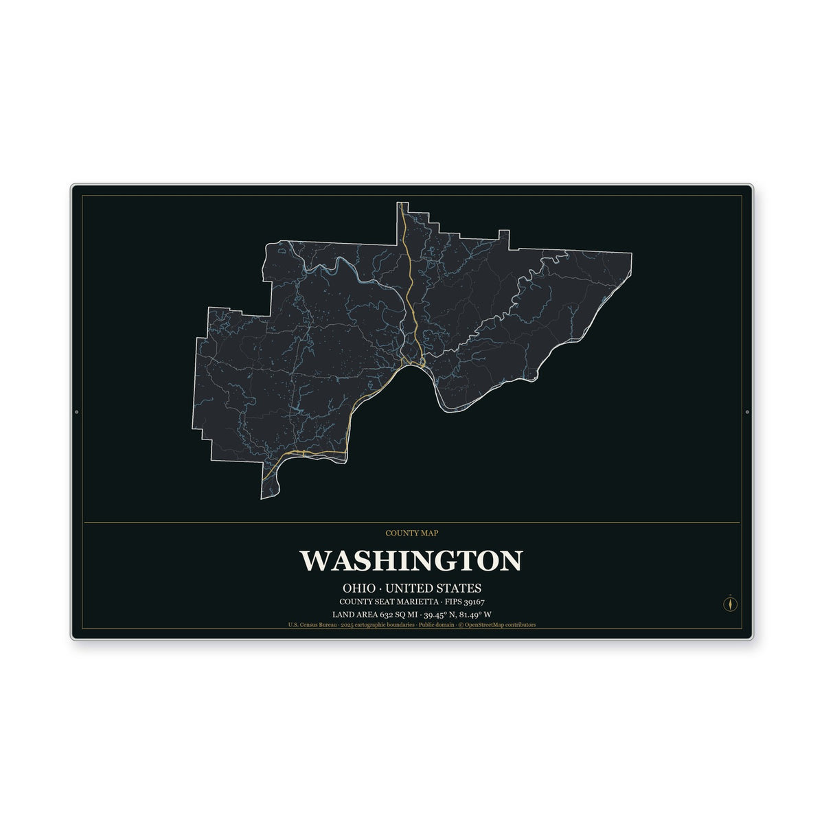 Washington County, Ohio Map Aluminum Sign in Metropolitan Noir style
