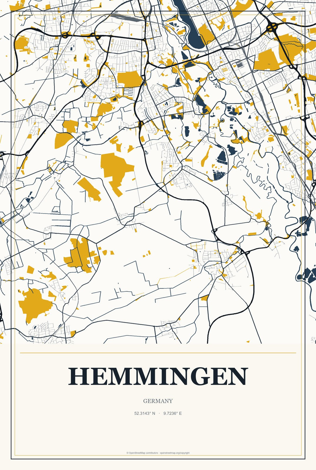 Hemmingen, Germany City Map Aluminum Sign in Citrine Modern style