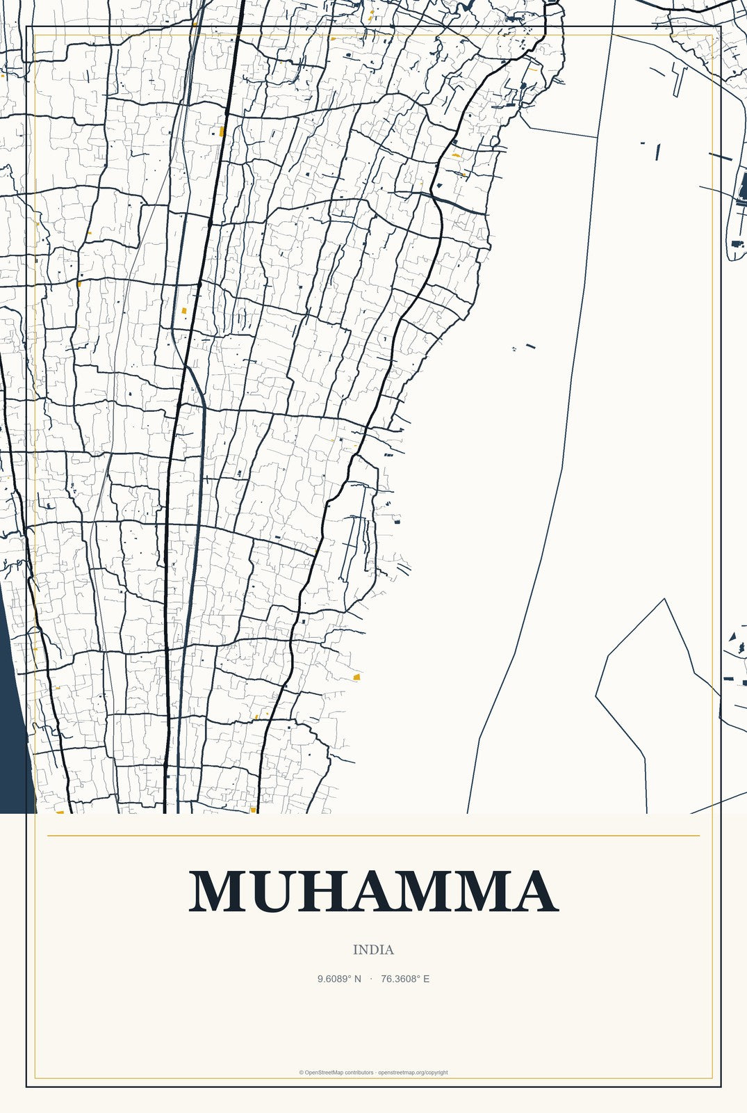 Muhamma, India City Map Aluminum Sign in Citrine Modern style
