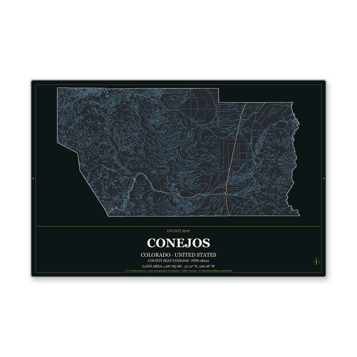 Conejos County, Colorado Map Aluminum Sign in Metropolitan Noir style