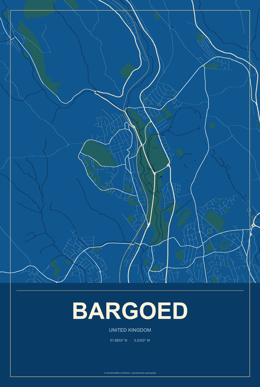 Bargoed, United Kingdom City Map Aluminum Sign in Harbor Cobalt style