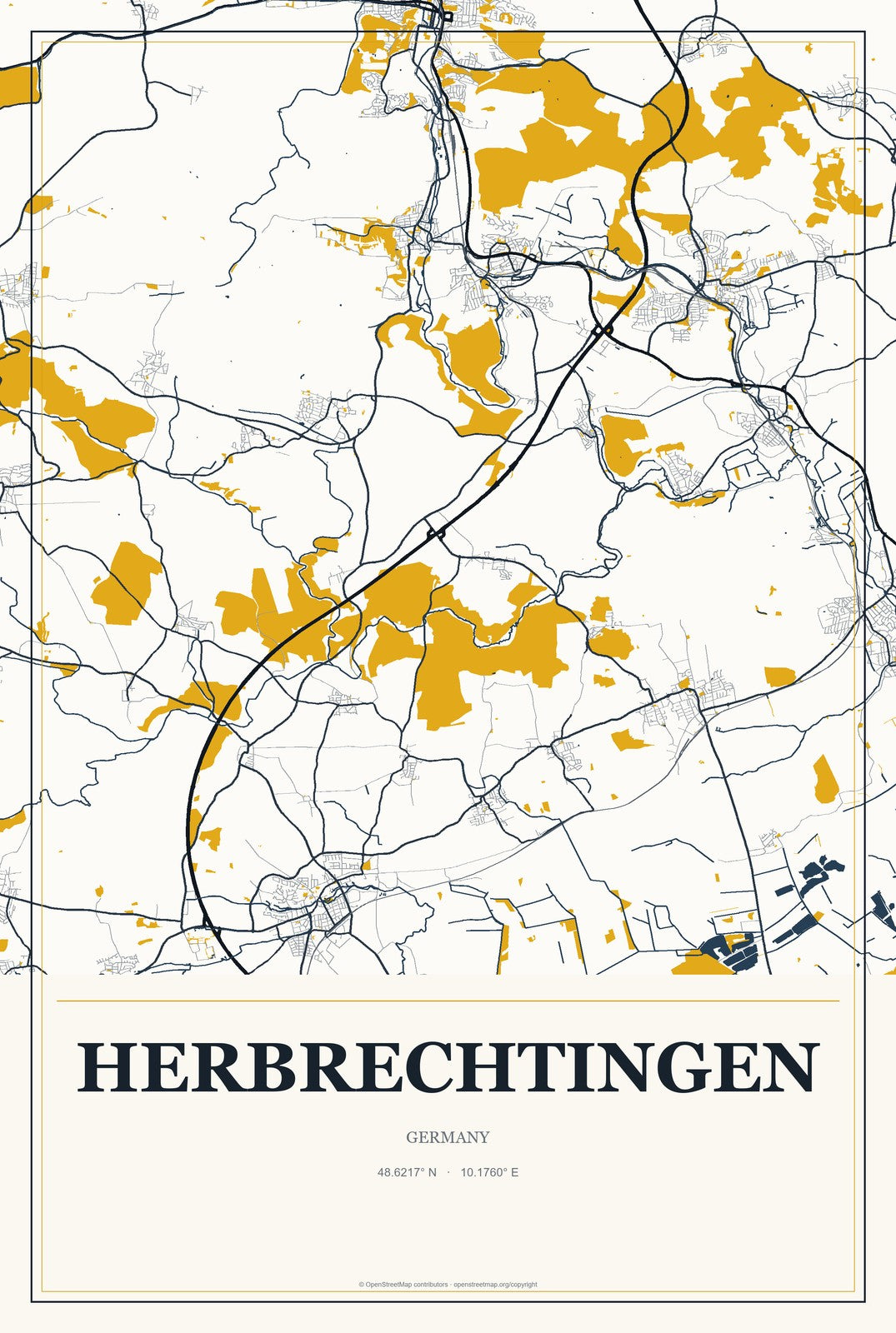 Herbrechtingen, Germany City Map Aluminum Sign in Citrine Modern style