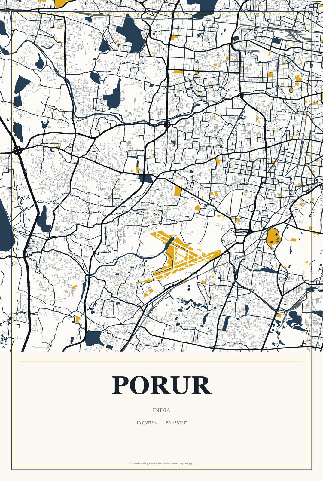 Porur, India City Map Aluminum Sign in Citrine Modern style