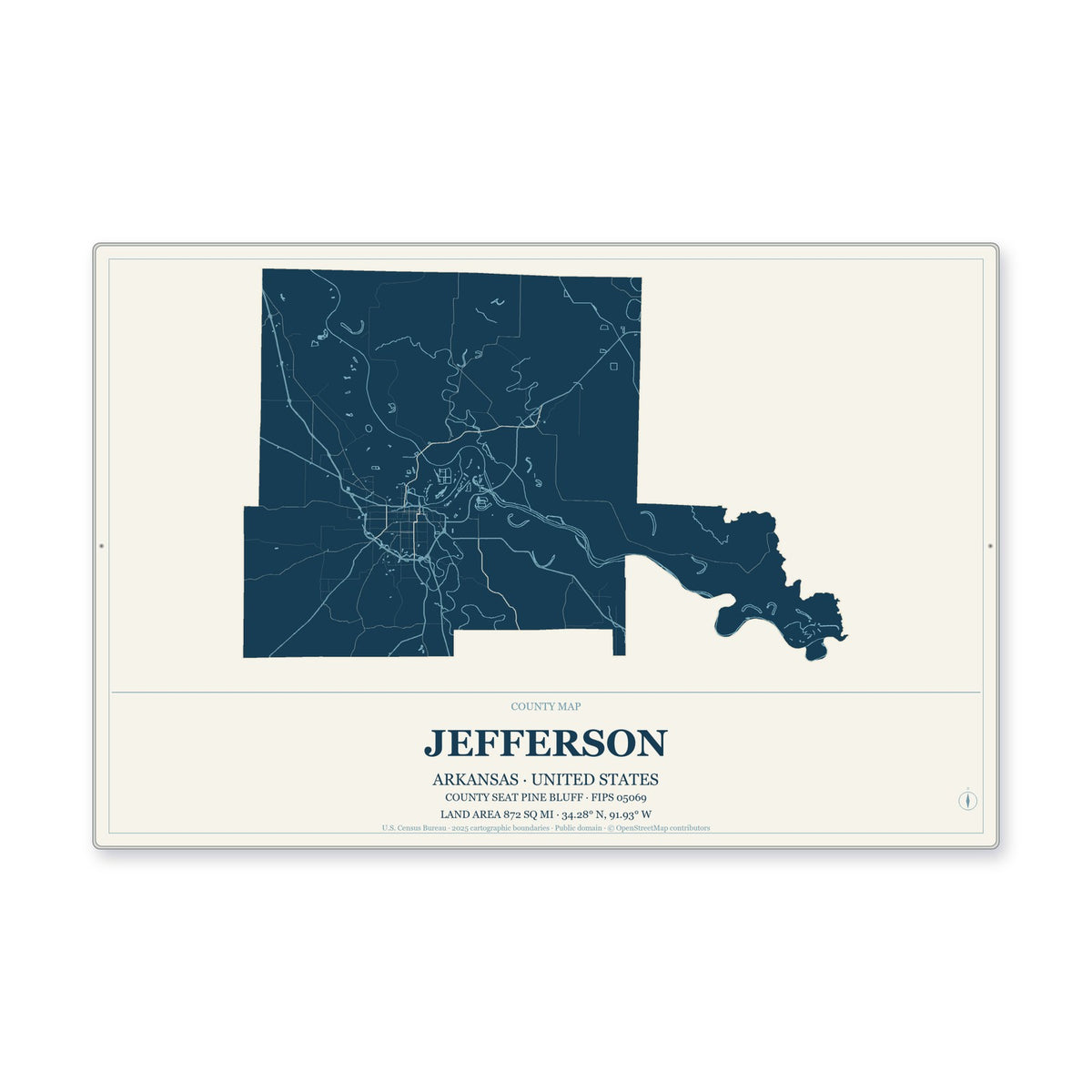 Jefferson County, Arkansas Map Aluminum Sign in Coastal Cutout style