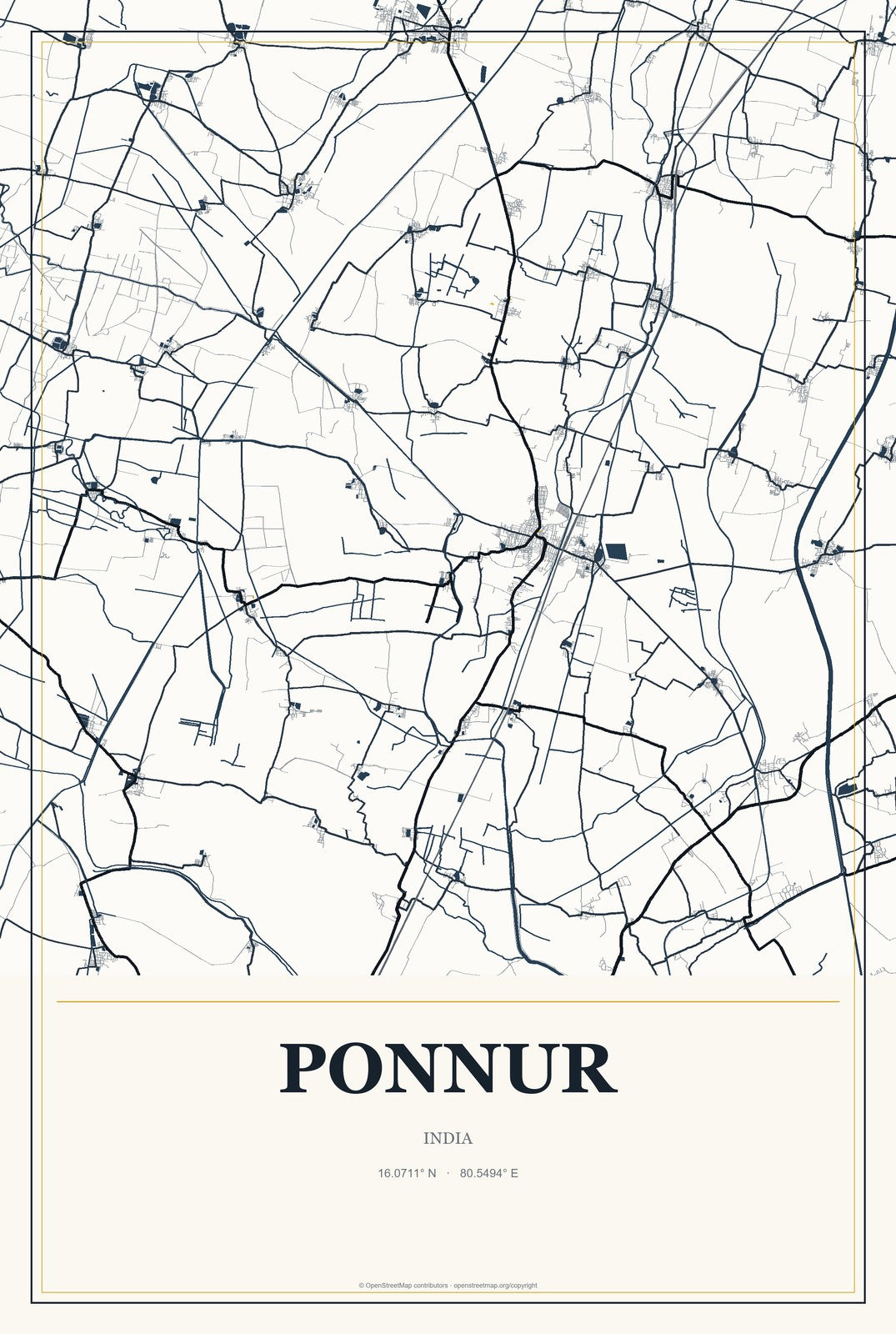 Ponnur, India City Map Aluminum Sign in Citrine Modern style