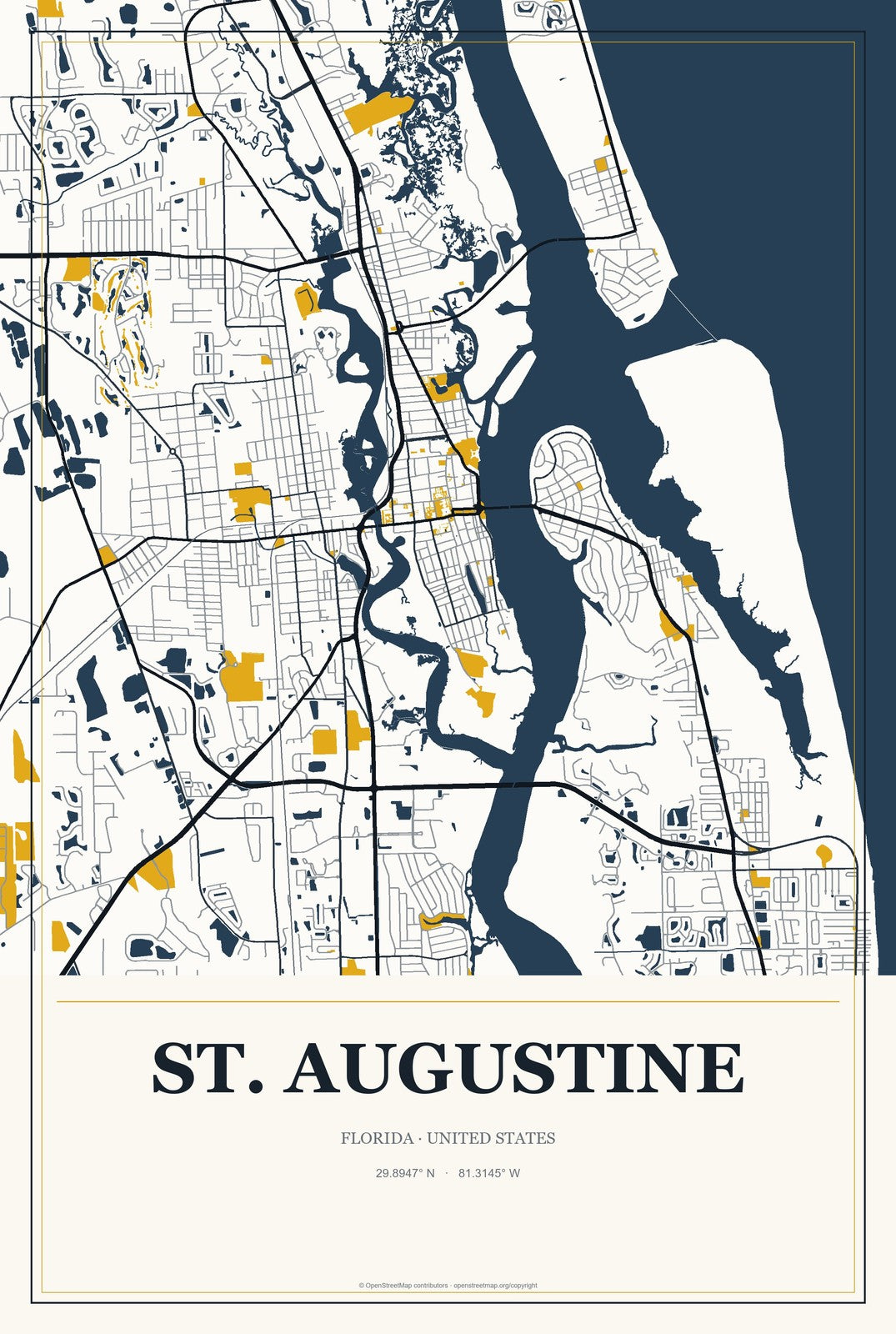 St. Augustine, Florida City Map Aluminum Sign in Citrine Modern style