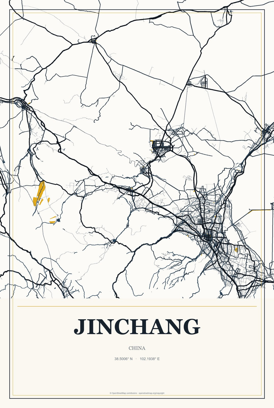 Jinchang, China City Map Aluminum Sign in Citrine Modern style