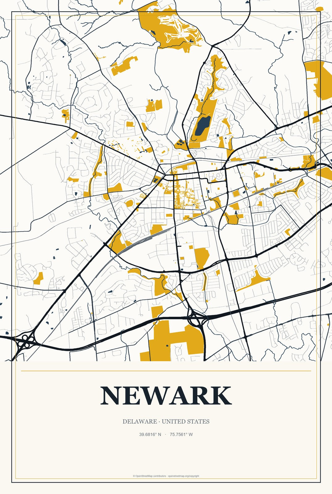 Newark, Delaware City Map Aluminum Sign in Citrine Modern style