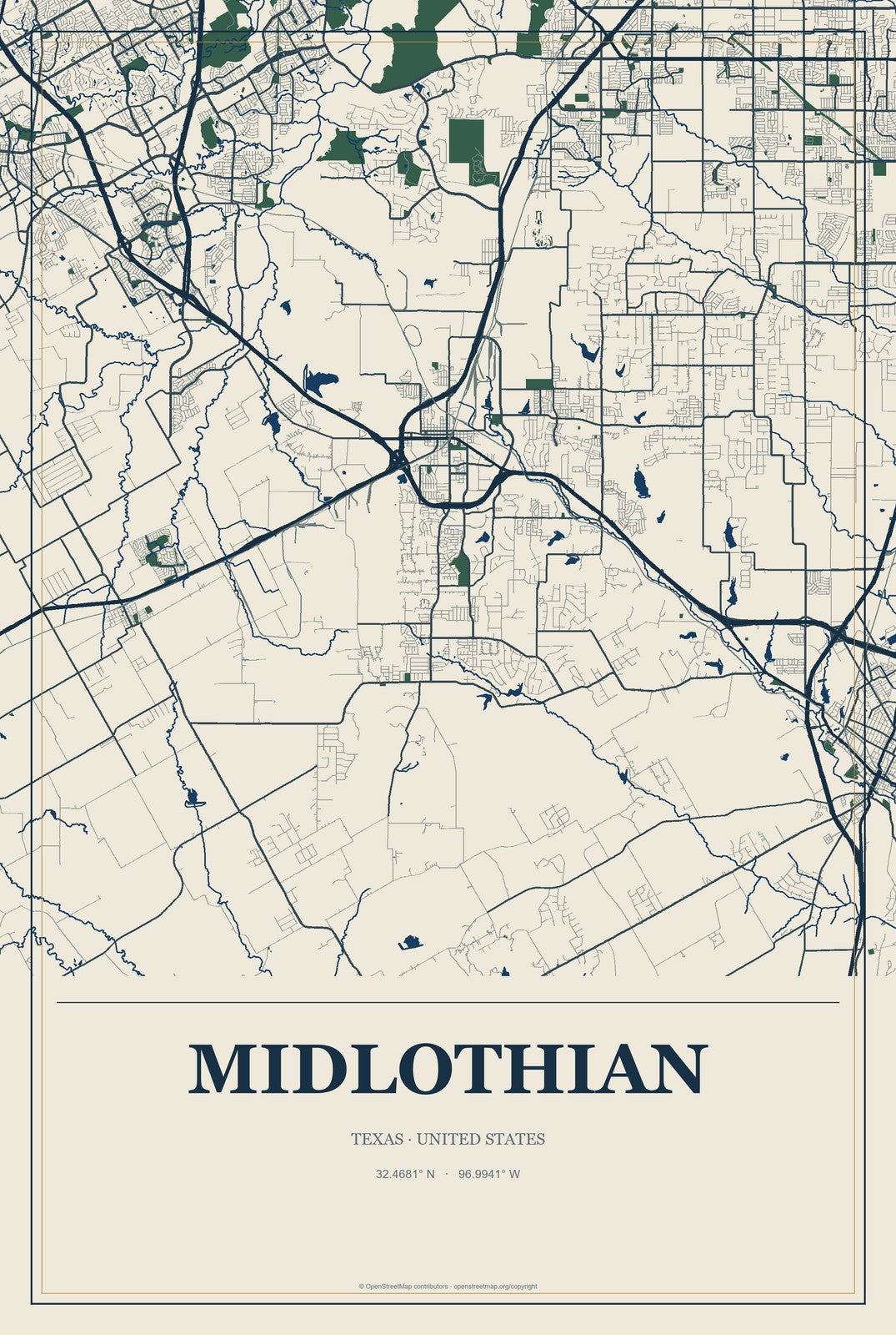 Midlothian, Texas City Map Aluminum Sign in Coastal Cutout style