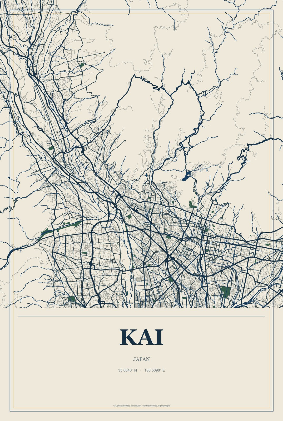 Kai, Japan City Map Aluminum Sign in Coastal Cutout style