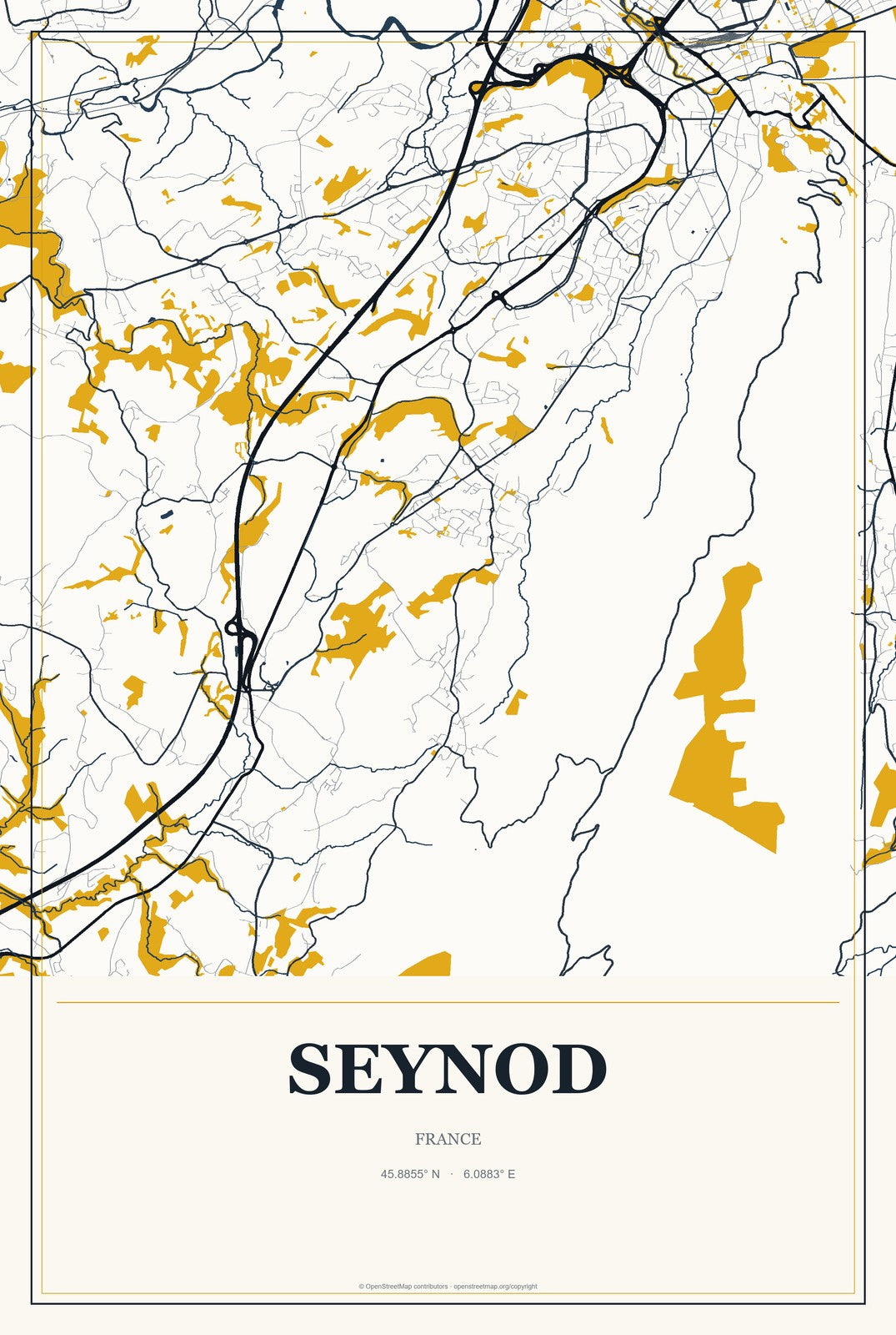 Seynod, France City Map Aluminum Sign in Citrine Modern style