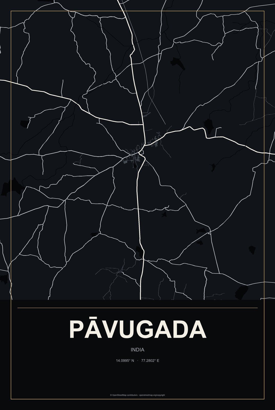 Pāvugada, India City Map Aluminum Sign in Metropolitan Noir style
