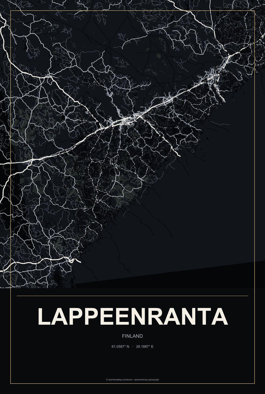 Lappeenranta, Finland City Map Aluminum Sign in Metropolitan Noir style
