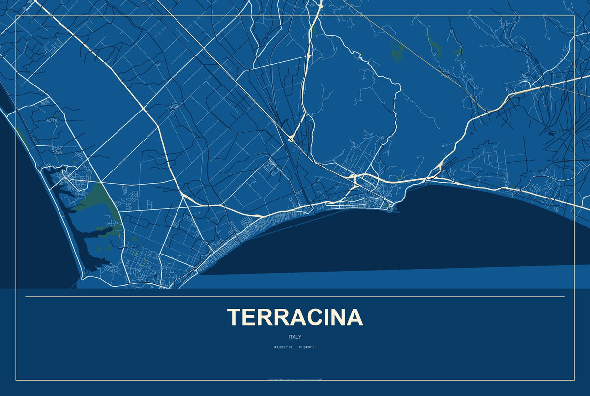 Terracina, Italy City Map Aluminum Sign in Harbor Cobalt style