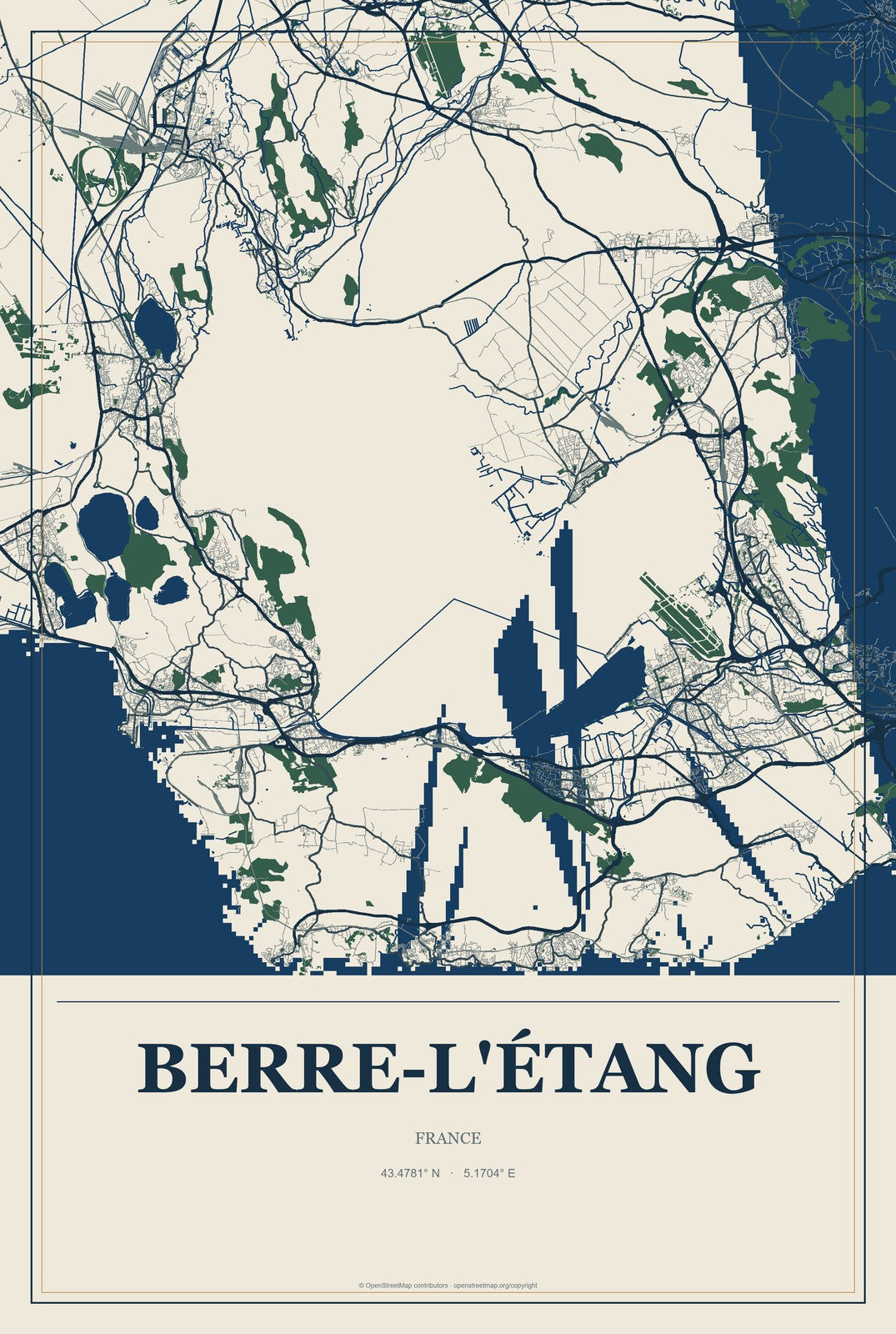 Berre-l'Étang, France City Map Aluminum Sign in Coastal Cutout style