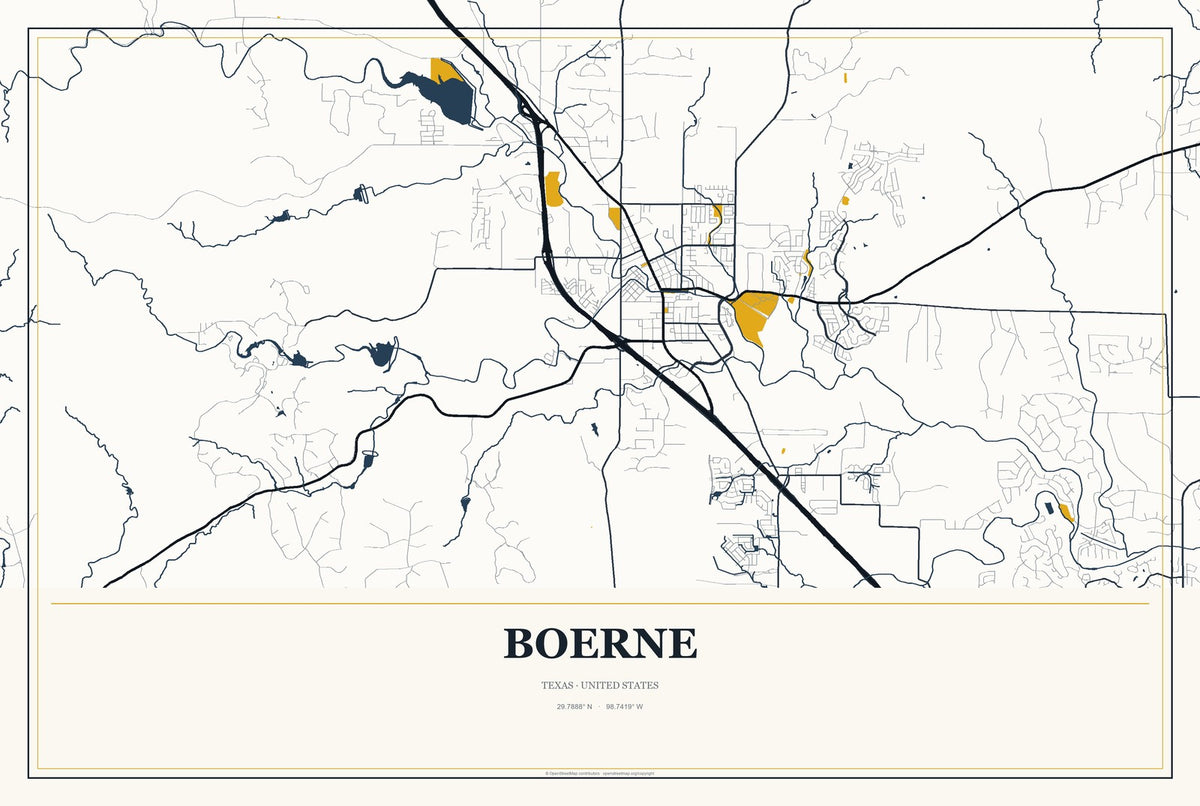 Boerne, Texas City Map Aluminum Sign in Citrine Modern style