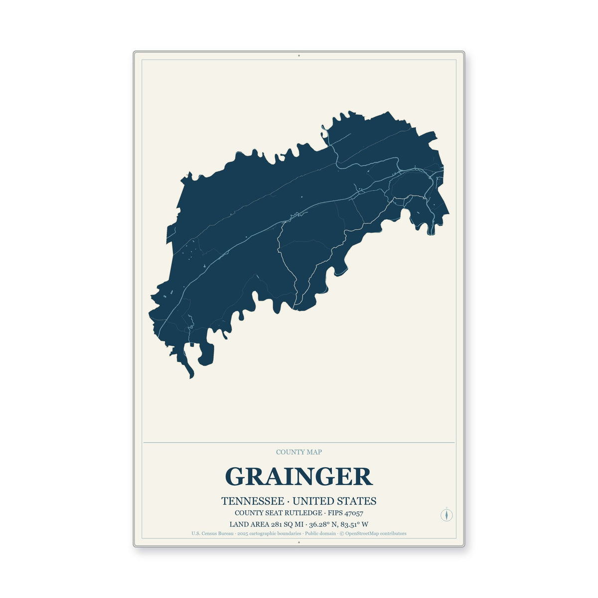 Grainger County, Tennessee Map Aluminum Sign in Coastal Cutout style