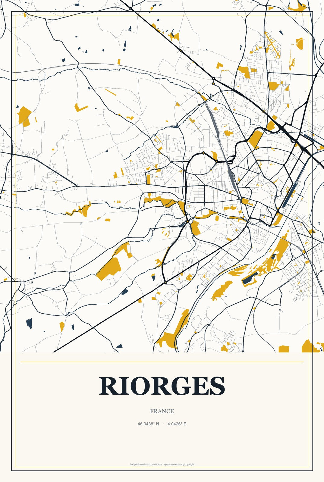 Riorges, France City Map Aluminum Sign in Citrine Modern style
