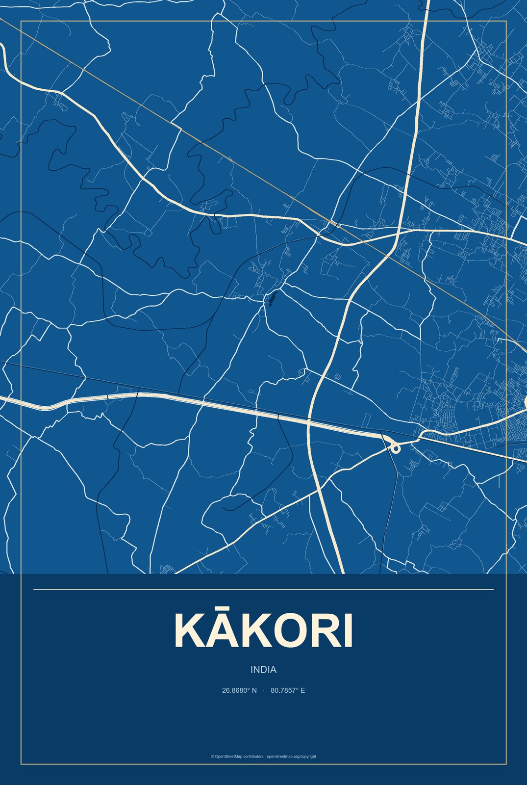 Kākori, India City Map Aluminum Sign in Harbor Cobalt style