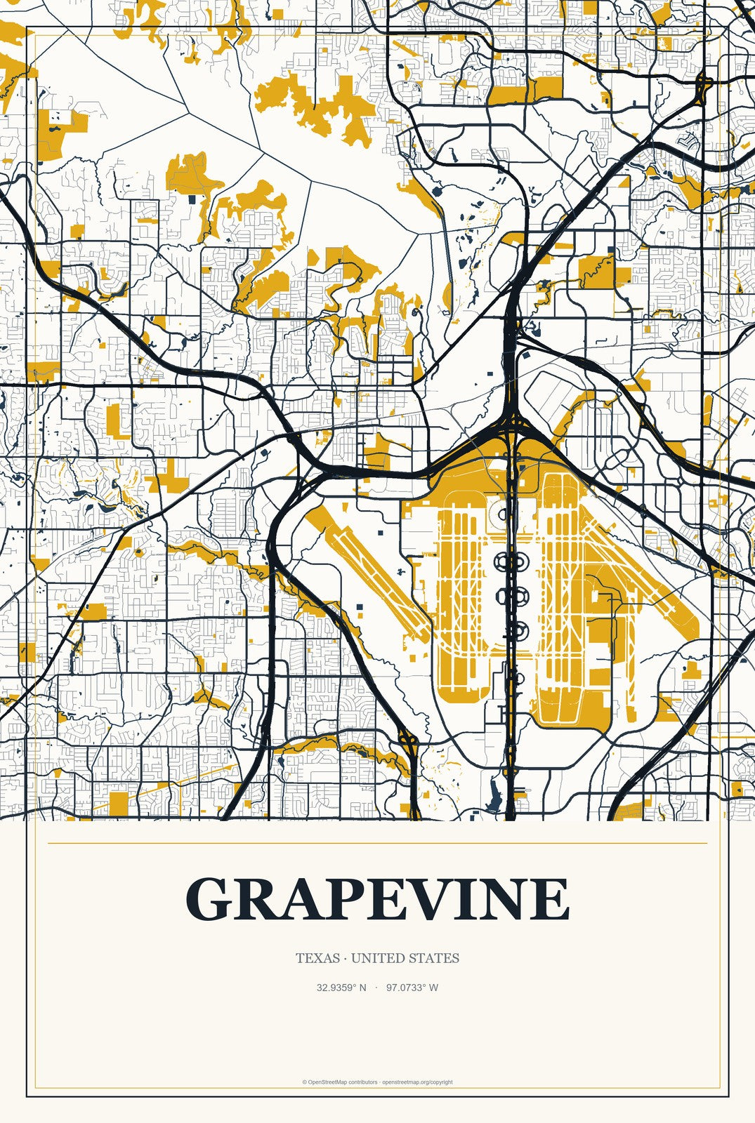 Grapevine, Texas City Map Aluminum Sign in Citrine Modern style