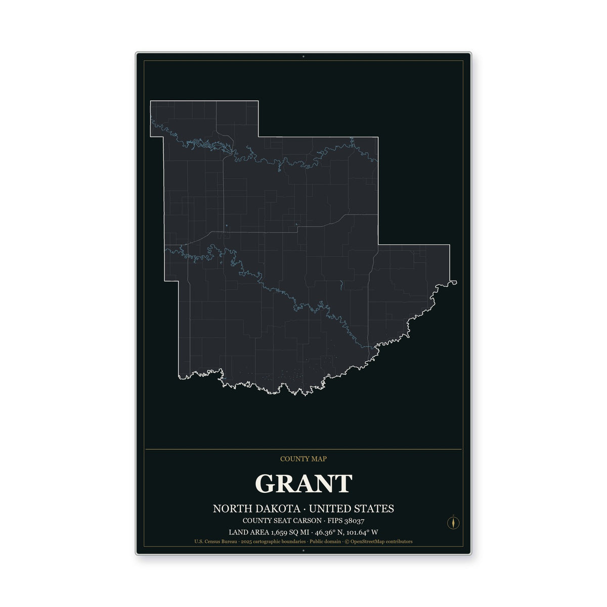 Grant County, North Dakota Map Aluminum Sign in Metropolitan Noir style