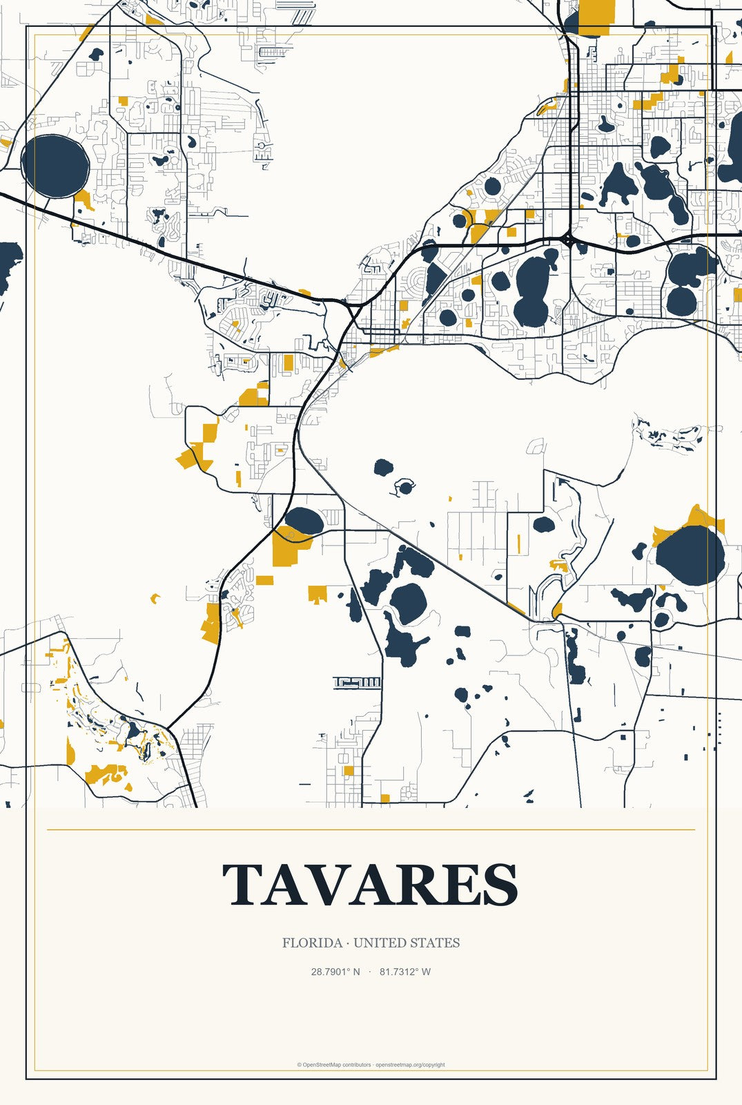 Tavares, Florida City Map Aluminum Sign in Citrine Modern style