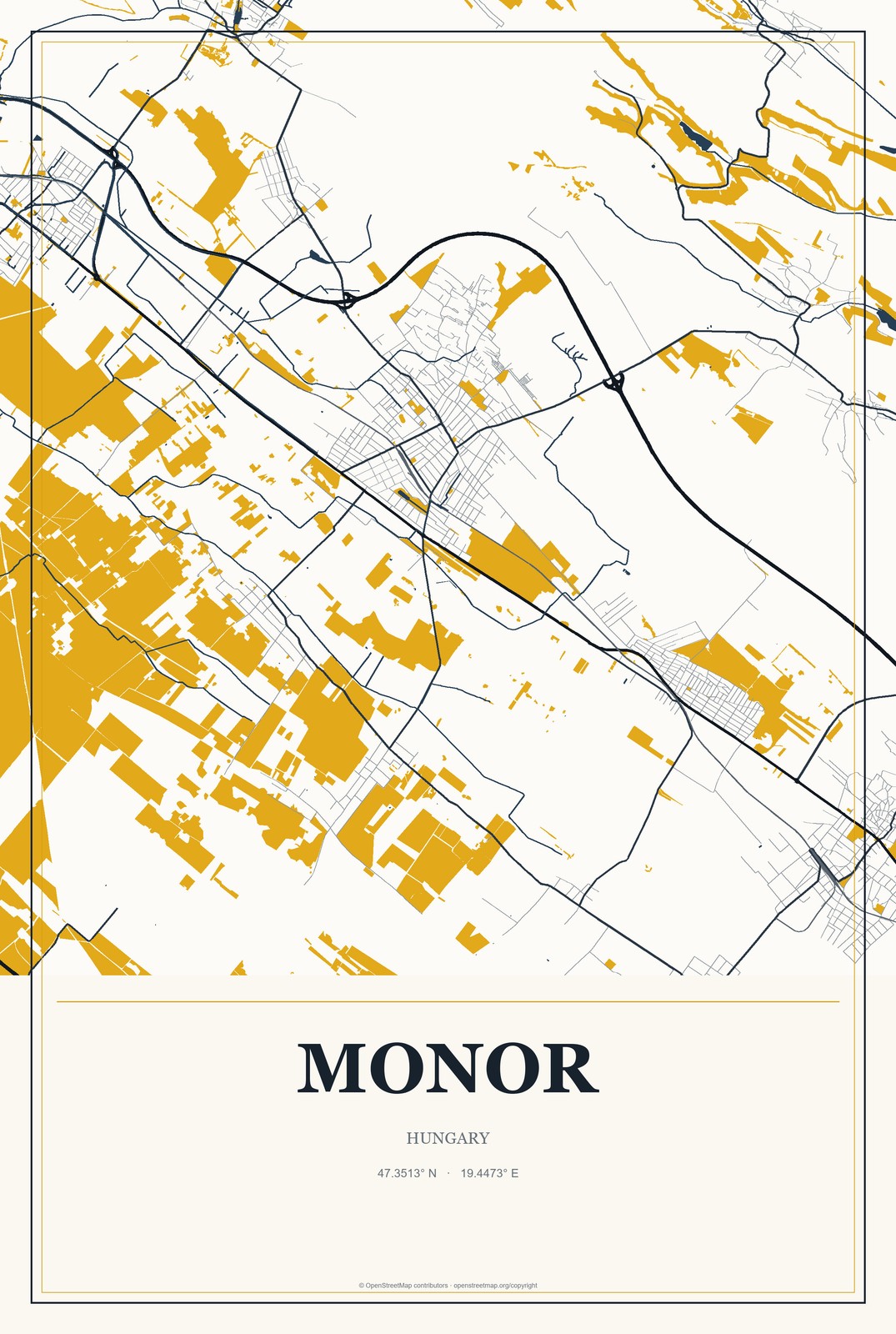 Monor, Hungary City Map Aluminum Sign in Citrine Modern style
