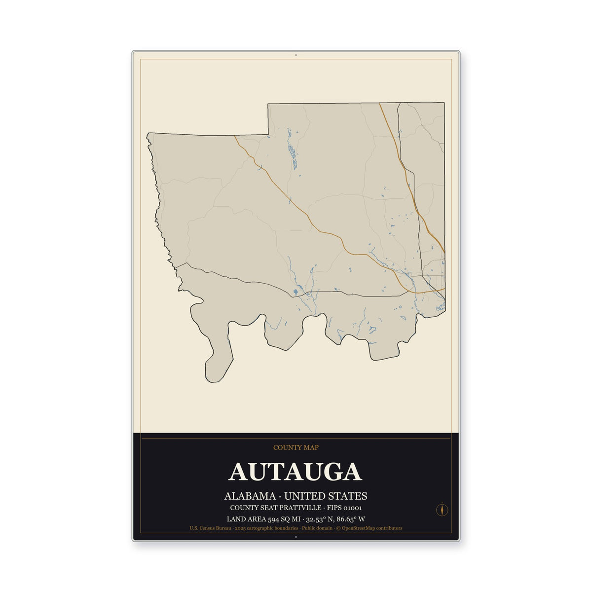Autauga County, Alabama Map Aluminum Sign in Museum Plaque style