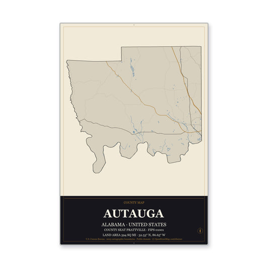 Autauga County, Alabama Map Aluminum Sign in Museum Plaque style