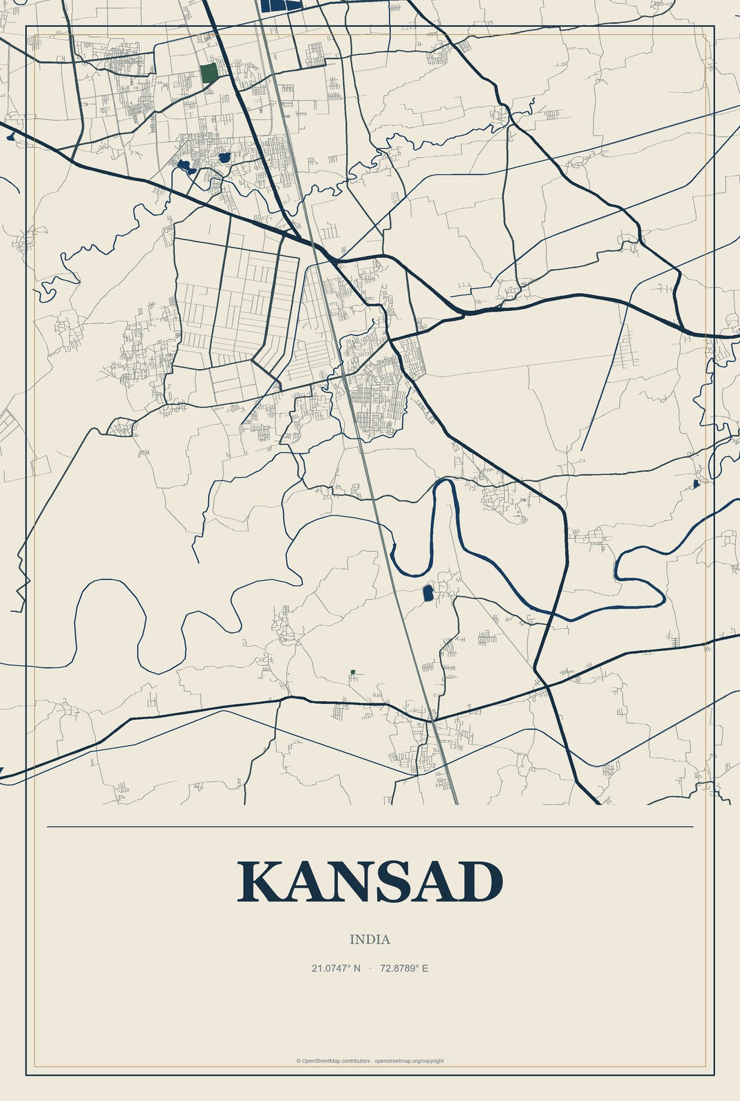 Kansad, India City Map Aluminum Sign in Coastal Cutout style