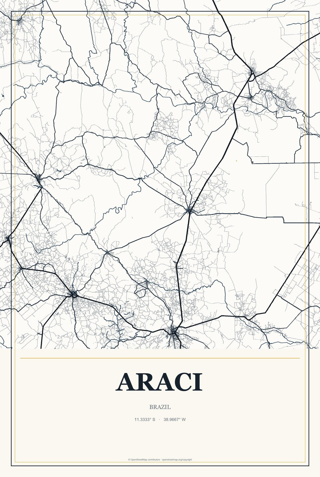 Araci, Brazil City Map Aluminum Sign in Citrine Modern style