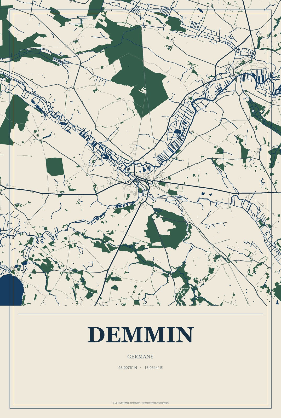 Demmin, Germany City Map Aluminum Sign in Coastal Cutout style
