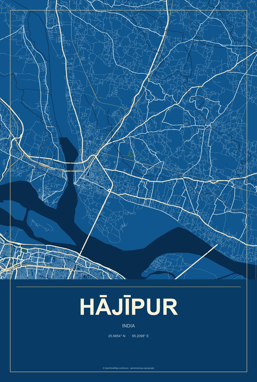Hājīpur, India City Map Aluminum Sign in Harbor Cobalt style