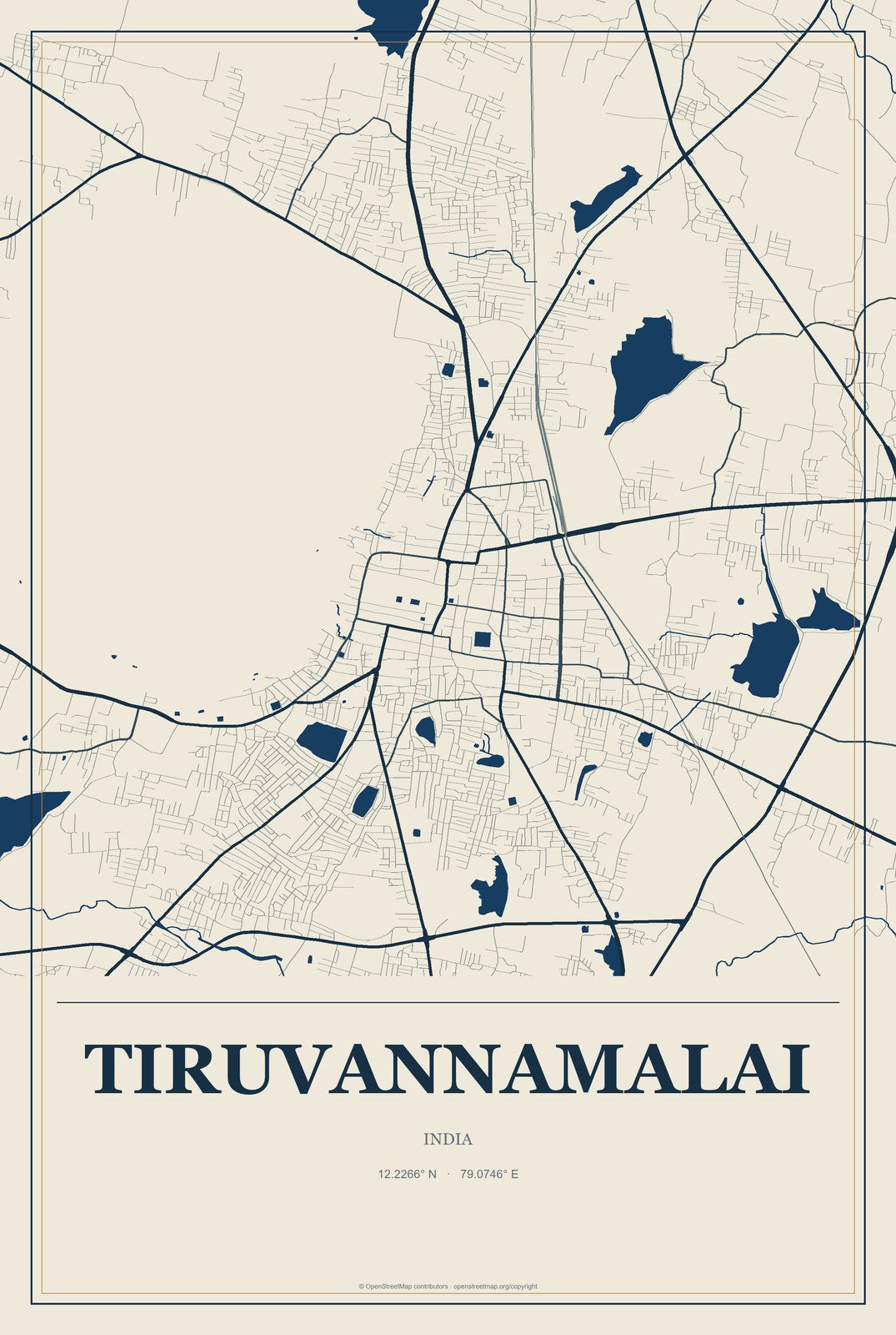 Tiruvannamalai, India City Map Aluminum Sign in Coastal Cutout style