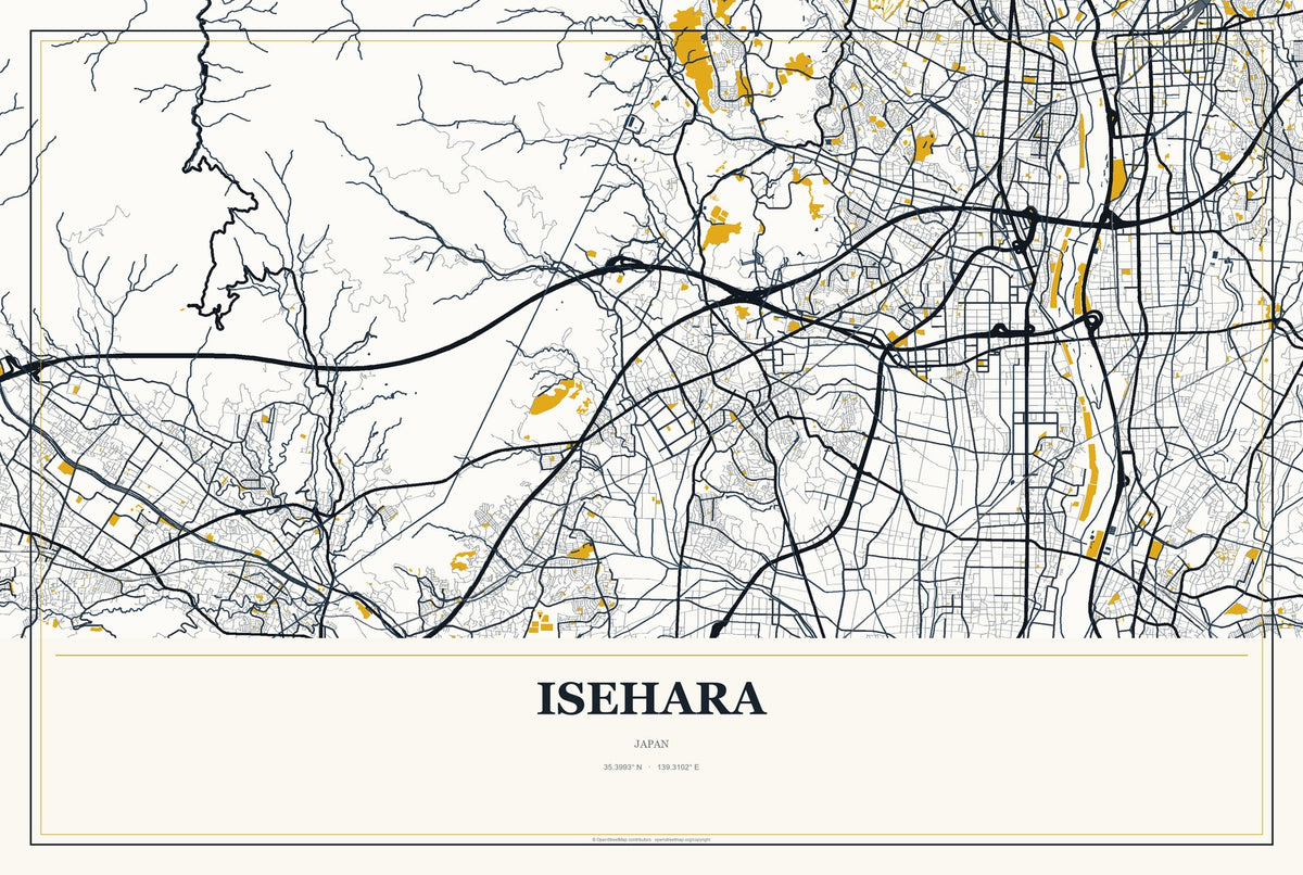 Isehara, Japan City Map Aluminum Sign in Citrine Modern style