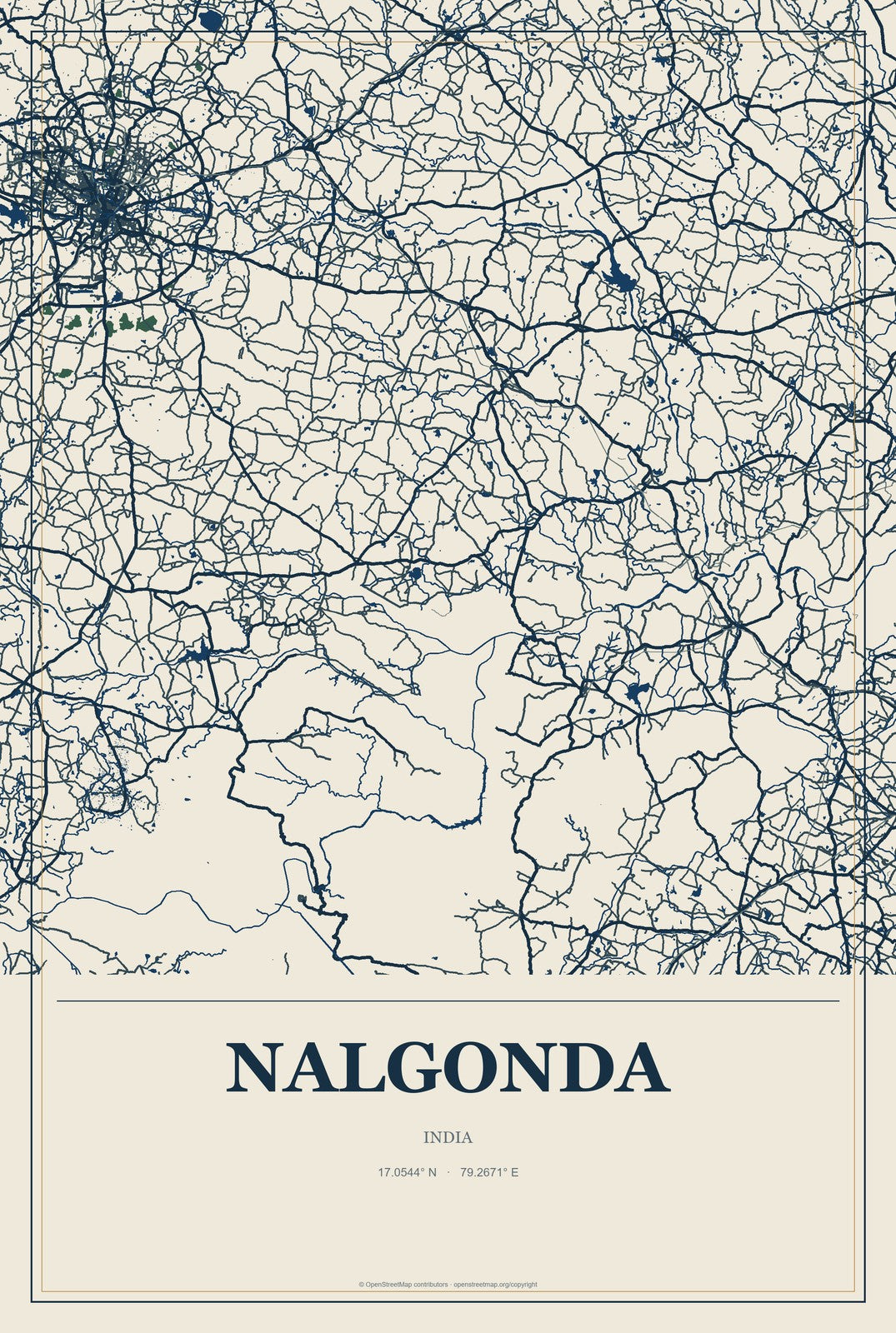 Nalgonda, India City Map Aluminum Sign in Coastal Cutout style
