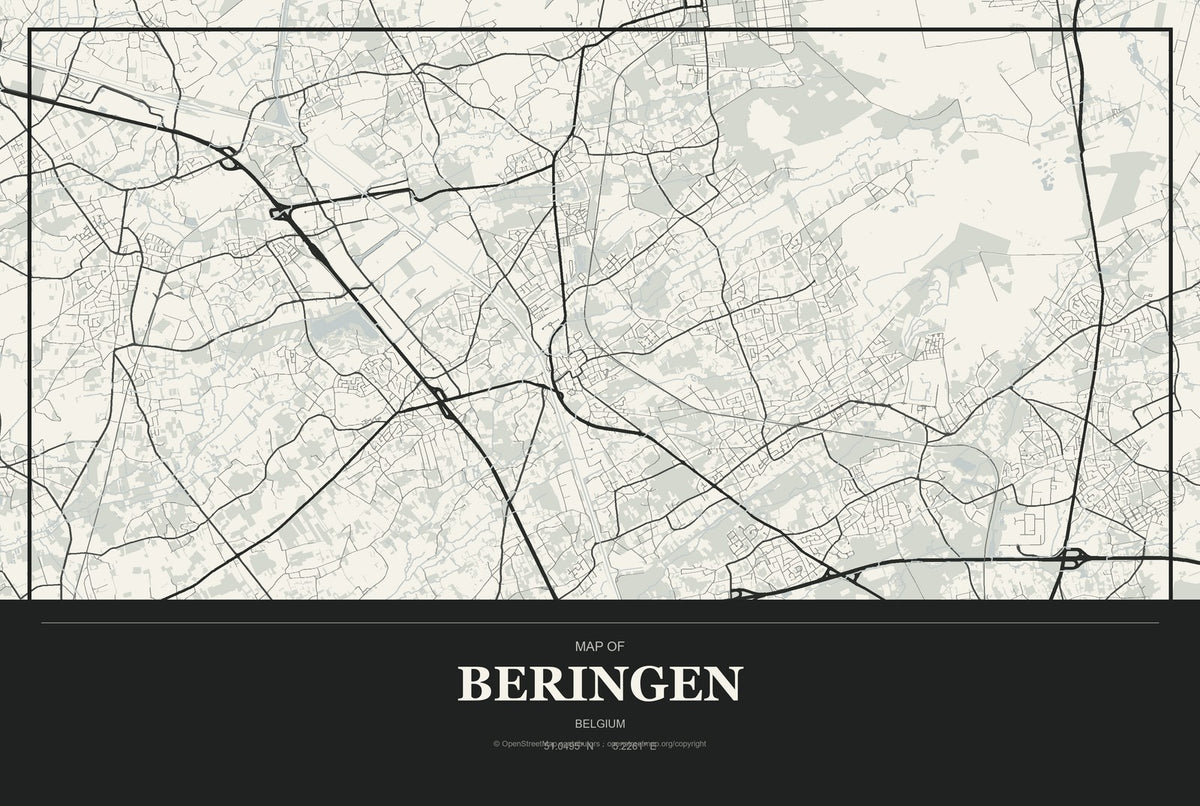 Beringen, Belgium City Map Aluminum Sign in Museum Plaque style