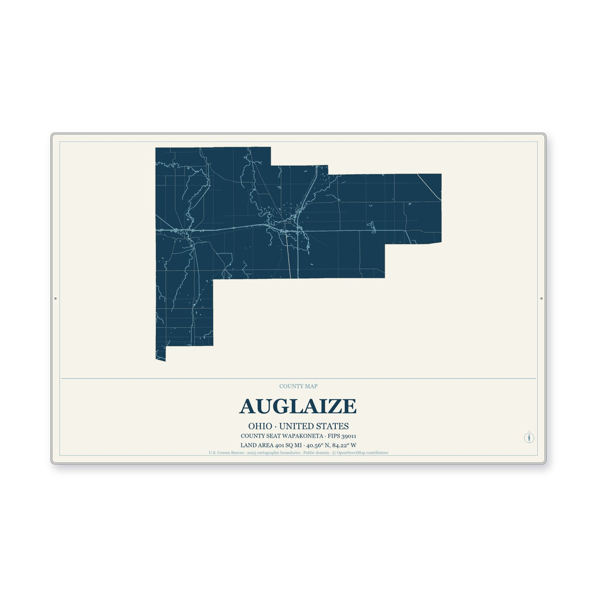 Auglaize County, Ohio Map Aluminum Sign in Coastal Cutout style