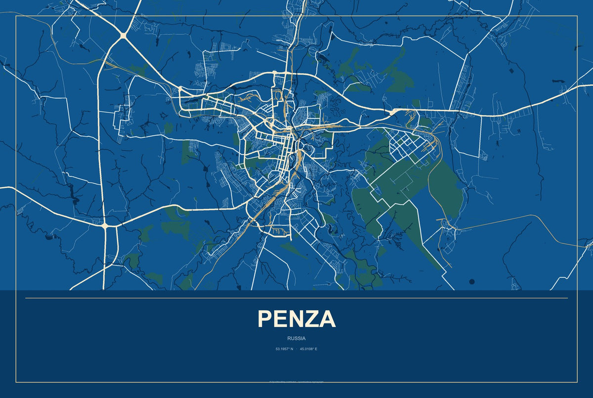 Penza, Russia City Map Aluminum Sign in Harbor Cobalt style