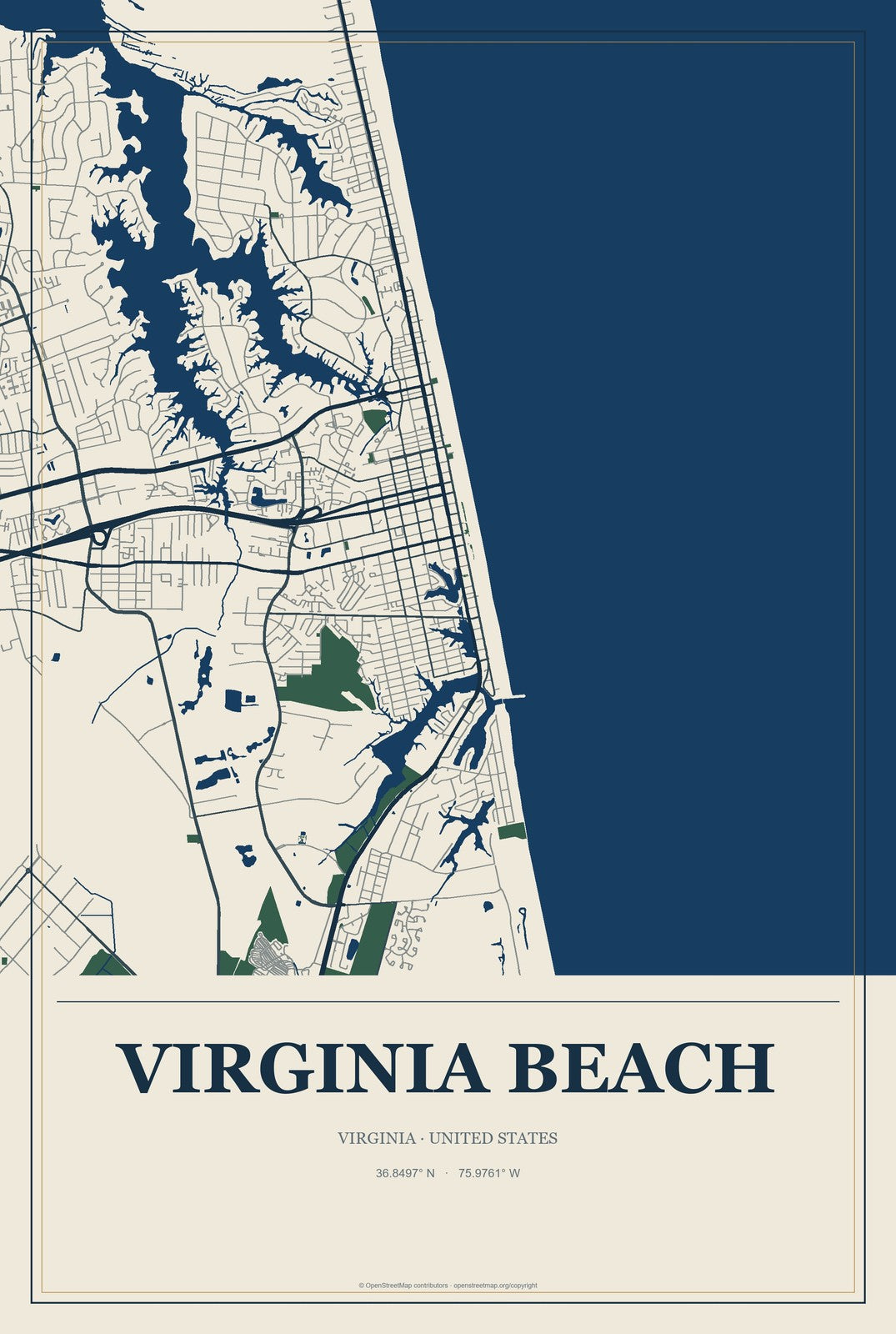 Virginia Beach, Virginia City Map Aluminum Sign in Coastal Cutout style