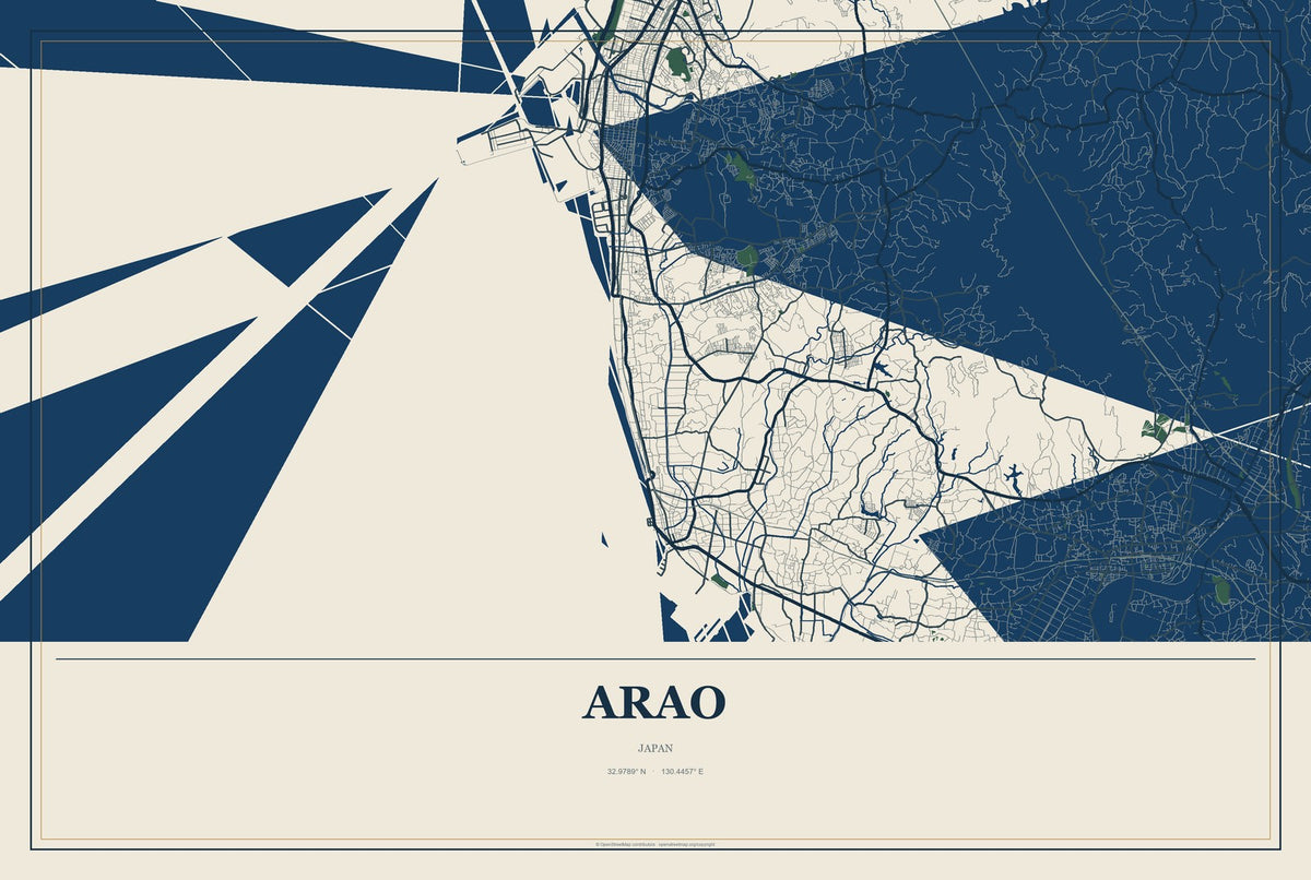 Arao, Japan City Map Aluminum Sign in Coastal Cutout style