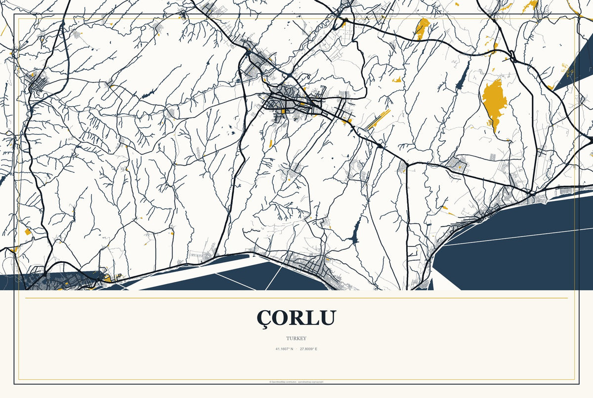 Çorlu, Turkey City Map Aluminum Sign in Citrine Modern style