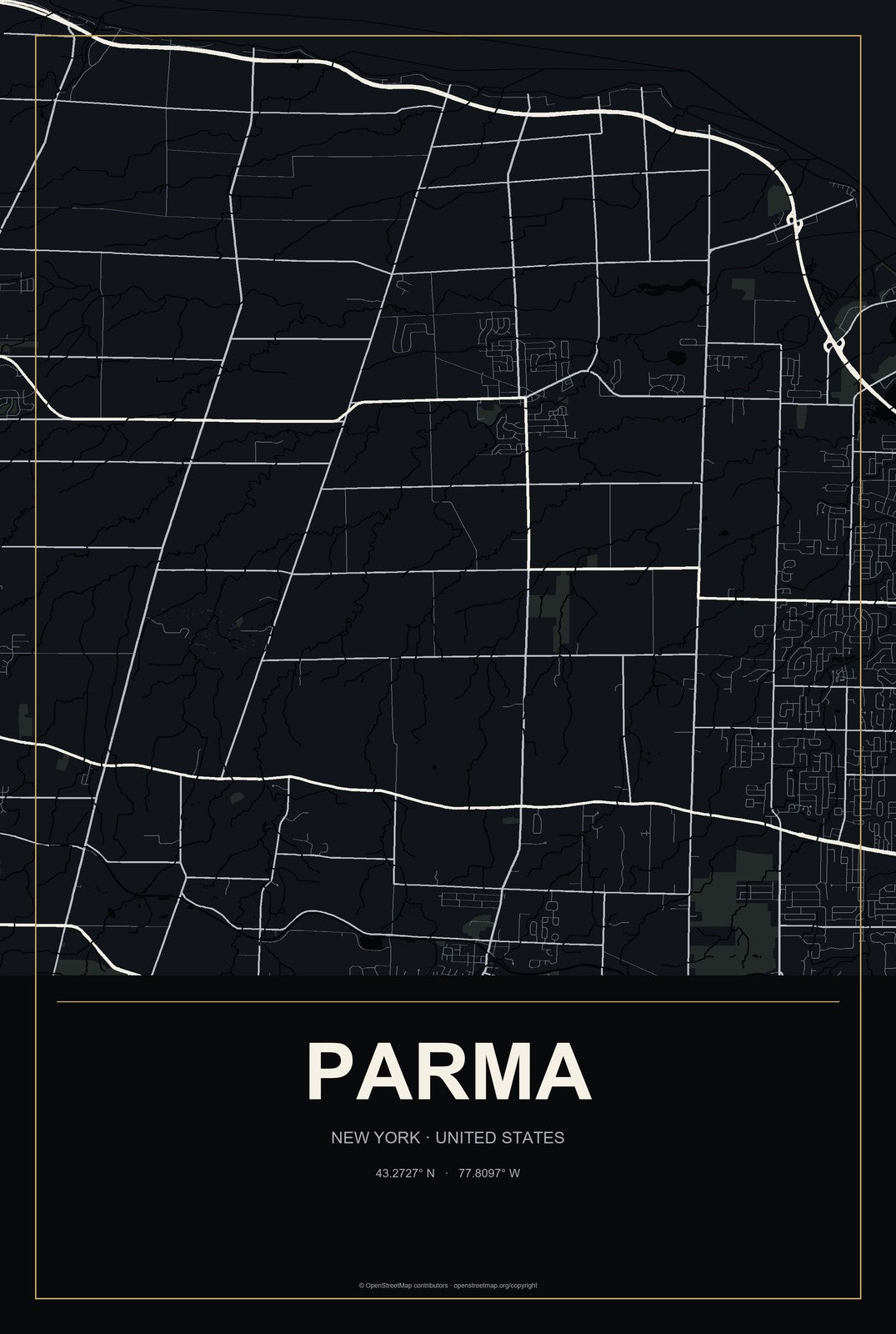 Parma, New York City Map Aluminum Sign in Metropolitan Noir style