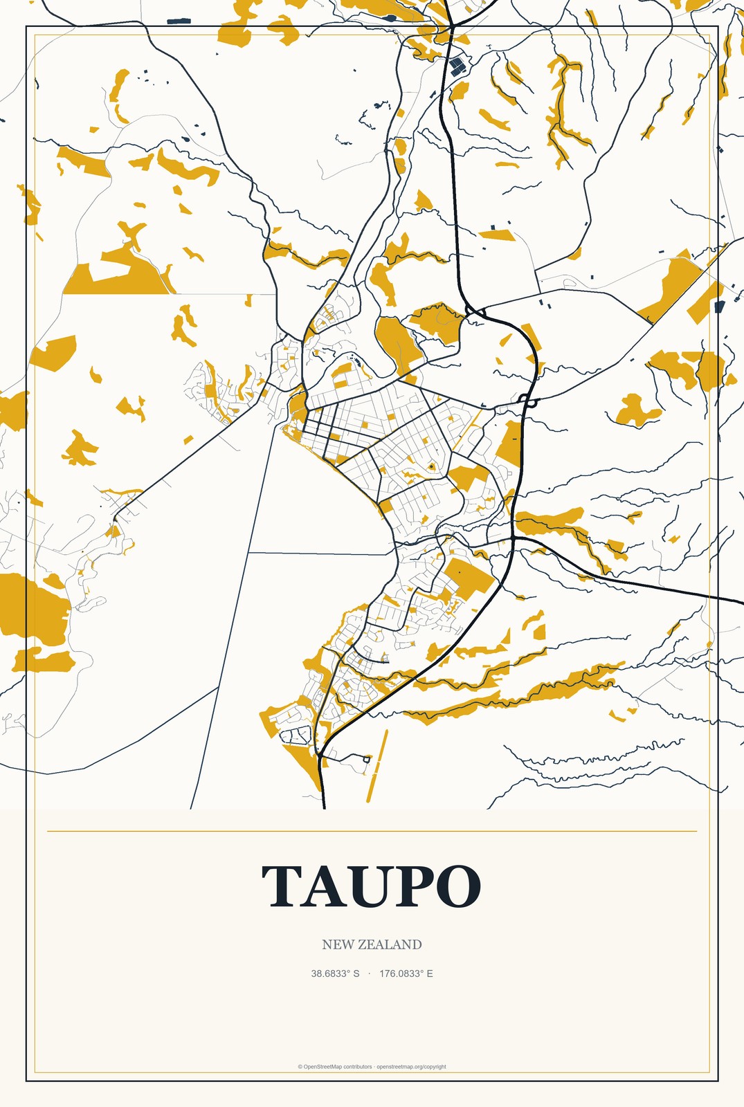 Taupo, New Zealand City Map Aluminum Sign in Citrine Modern style