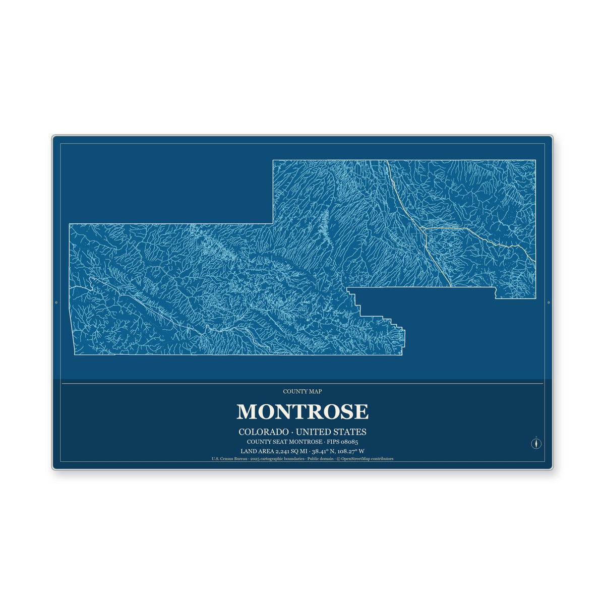 Montrose County, Colorado Map Aluminum Sign in Harbor Cobalt style
