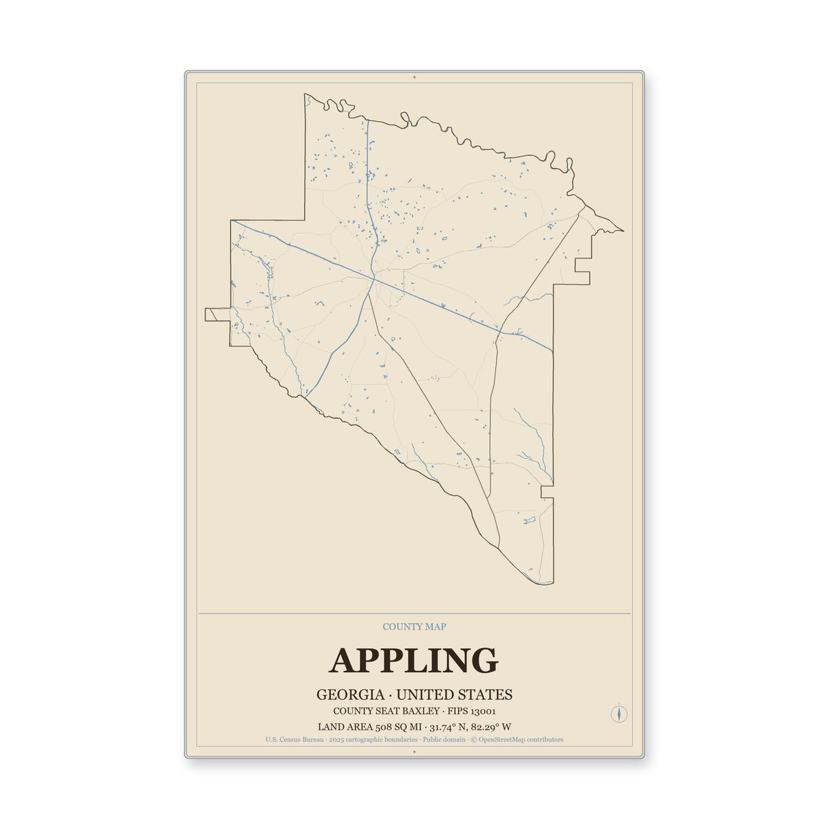 Appling County, Georgia Map Aluminum Sign in Heritage Nautical style
