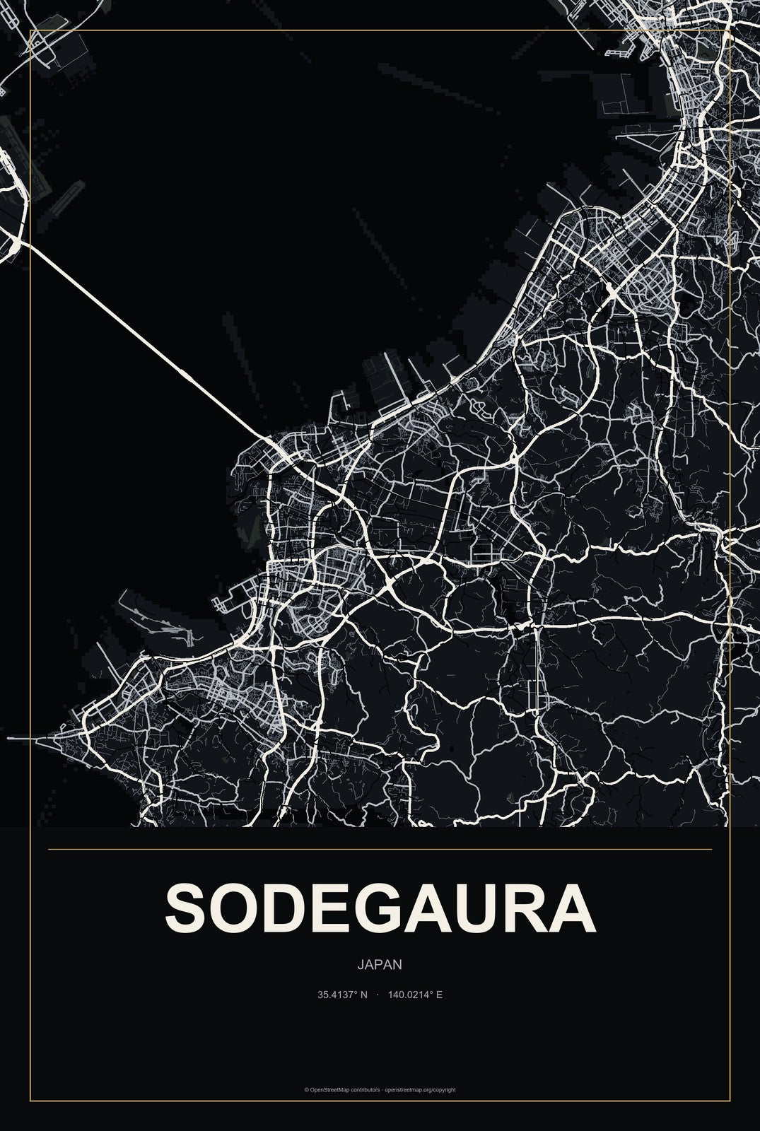 Sodegaura, Japan City Map Aluminum Sign in Metropolitan Noir style