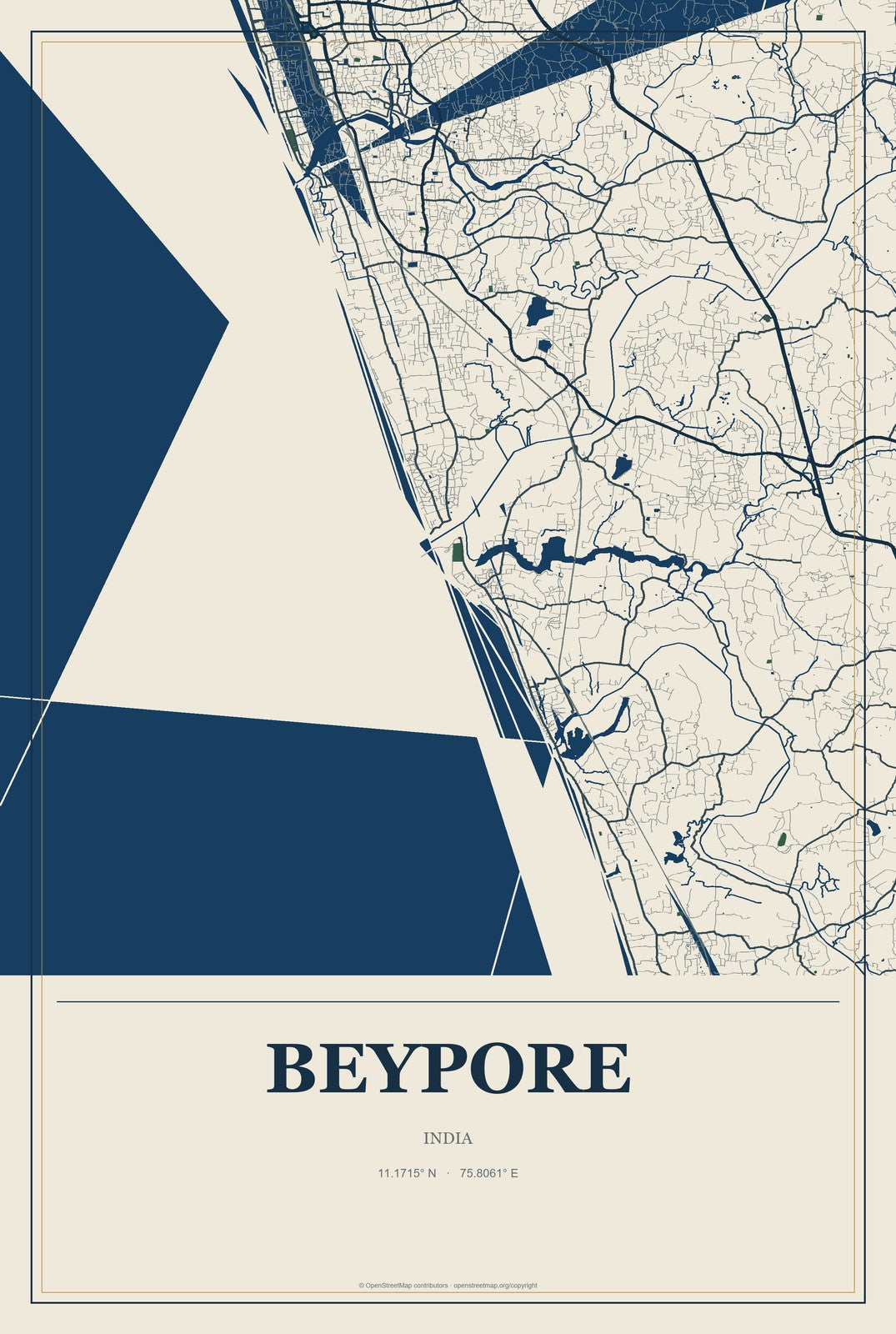 Beypore, India City Map Aluminum Sign in Coastal Cutout style