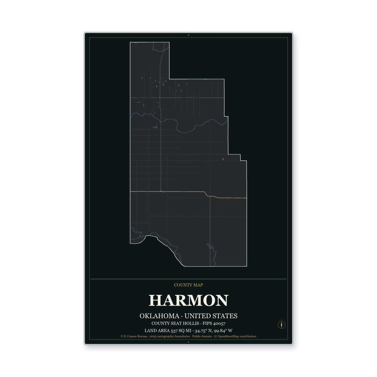 Harmon County, Oklahoma Map Aluminum Sign in Metropolitan Noir style