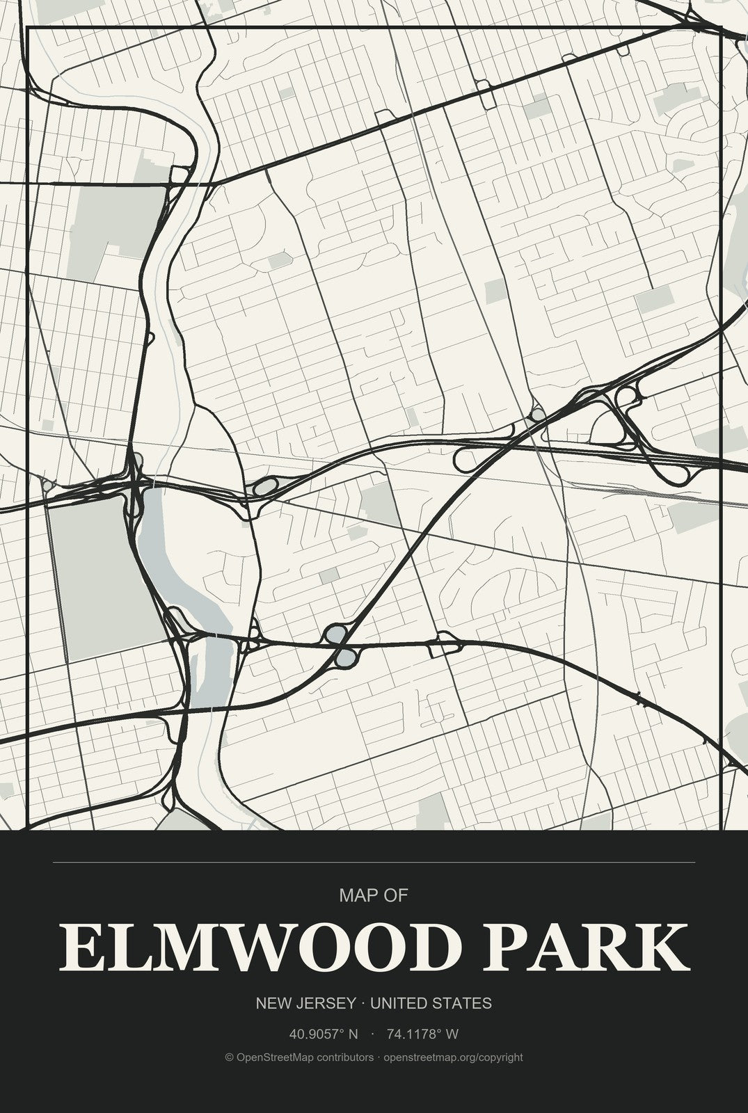 Elmwood Park, New Jersey City Map Aluminum Sign in Museum Plaque style